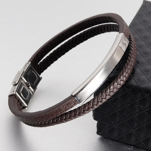 Double Layer Leather Rope Bracelet Men's Stainless Steel Genuine Leather Leather Bracelet Handmade Leather Bracelet Buckle Bracelet Jewelry