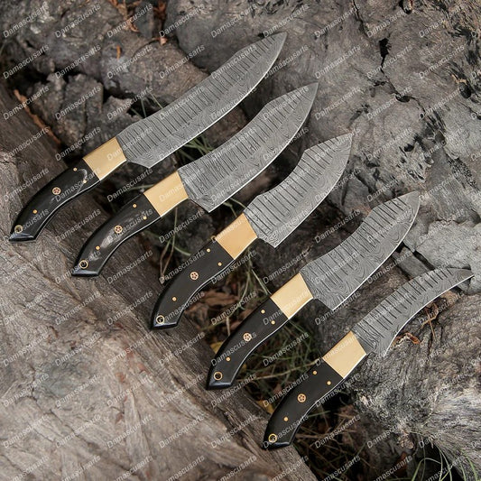 Custom Hand Forged Damascus Chef Knife Set Brass Bolster Bull Horn Handle