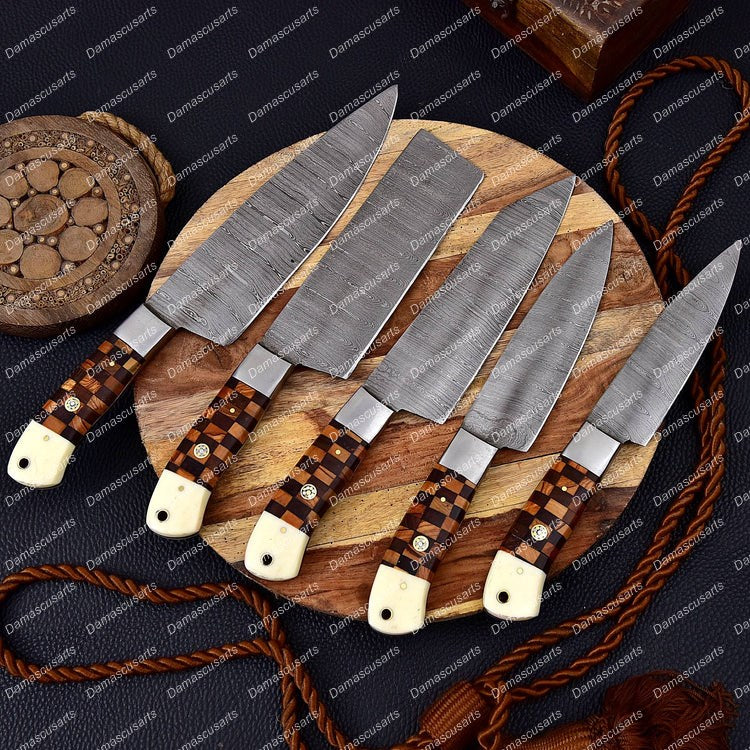 Custom Hand Made Forged Damascus Chef Knife Set Steel Bolster With Bone & Dark wood Handle