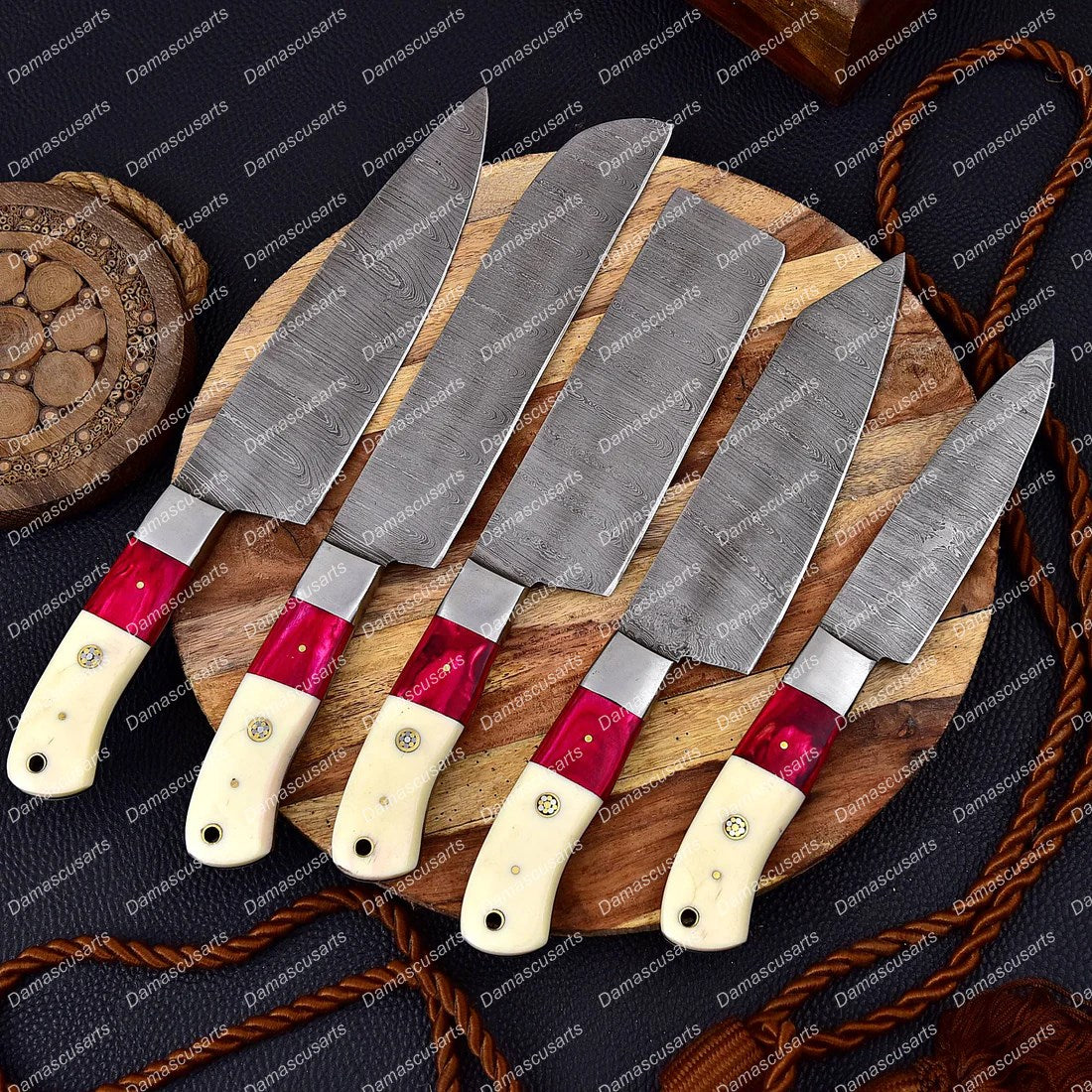Custom Hand Made Forged Damascus Chef Knife Set Steel Bolster With Bone & Stained Wood Handle