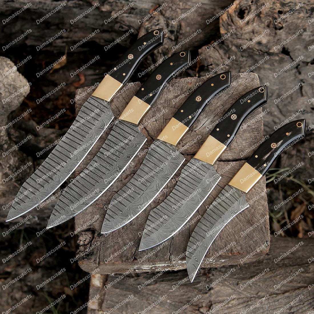 Custom Hand Forged Damascus Chef Knife Set Brass Bolster Bull Horn Handle