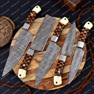 Custom Hand Made Forged Damascus Chef Knife Set Steel Bolster With Bone & Dark wood Handle