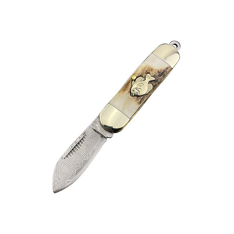 Small Cuttle Fish Mini Antlers Pocket Knife Damascus Steel Folding Knife