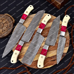 Custom Hand Made Forged Damascus Chef Knife Set Steel Bolster With Bone & Stained Wood Handle