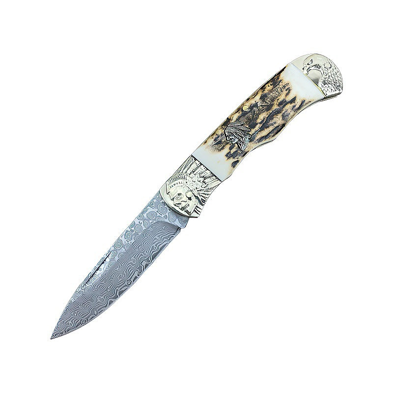 Antler Pocket Outdoor Damascus Folding Knife