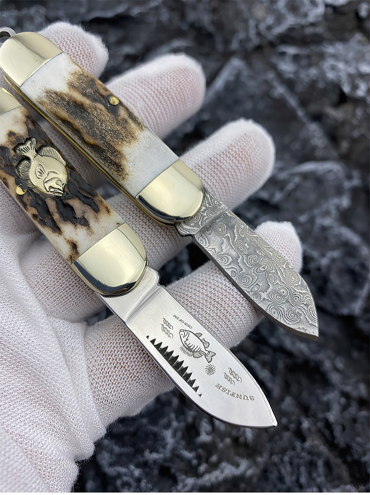 Small Cuttle Fish Mini Antlers Pocket Knife Damascus Steel Folding Knife