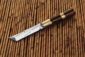 Personalized Custom Handmade D2 Tool Steel Original Filipino Balisong Butterfly Knife Brass with Narra Burl Wood with Leather Sheath