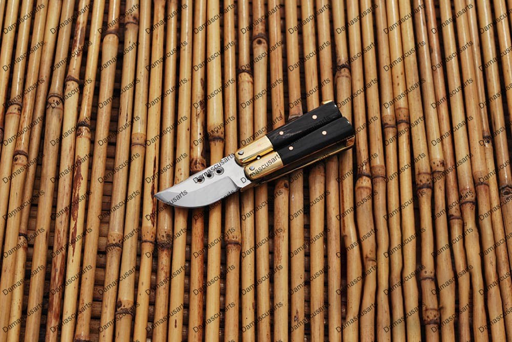 Personalized Custom Handmade D2 Tool Steel Original Filipino Balisong Butterfly KnifeBrass with Carabao Horn Inserts with Leather Sheath
