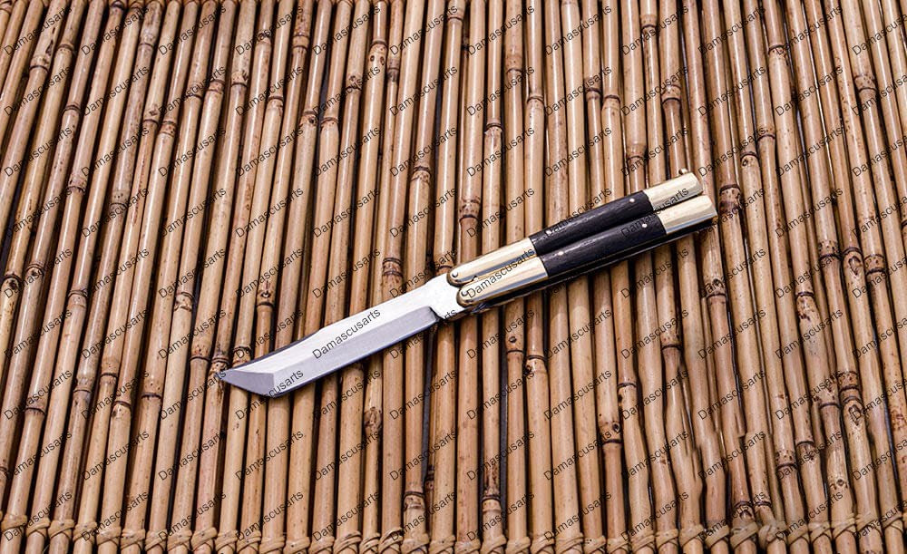 Personalized Custom Handmade D2 Tool Steel Original Filipino Balisong Butterfly Knife Brass with Kamagong Wood Inserts with Leather Sheath