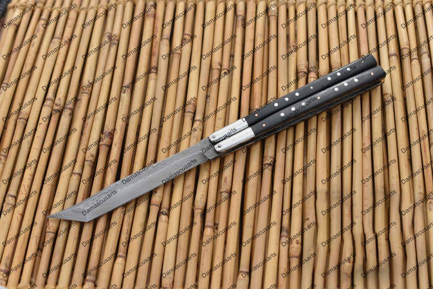 Personalized Custom Handmade D2 Tool Steel Original Filipino Balisong Butterfly Knife Stainless Steel with Old Bog Oak Inserts with Leather Sheath