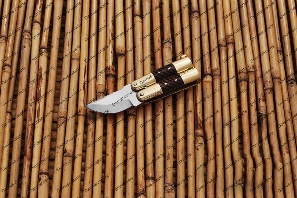 Personalized Custom Handmade D2 Tool Steel Original Filipino Balisong Butterfly Knife Brass with Narra Wood Inserts with Leather Sheath