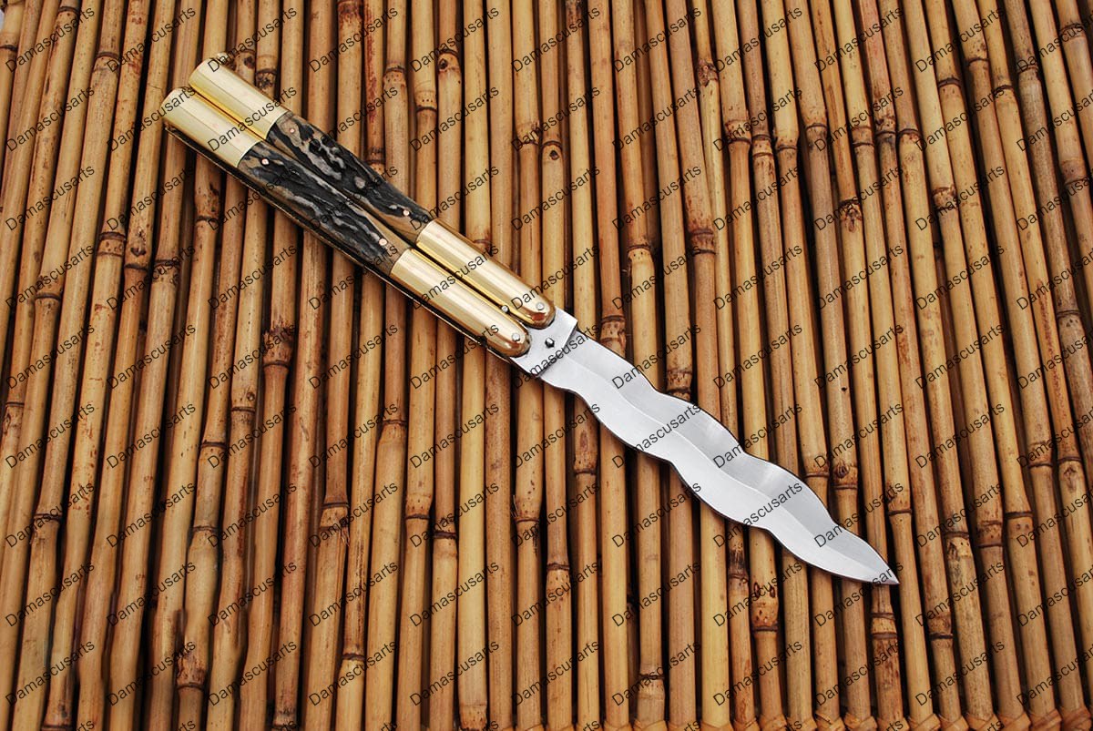 Personalized Custom Handmade D2 Tool Steel Original Filipino Balisong Butterfly Knife Brass with Philippine Sambar Deer Horn Inserts with Leather Sheath