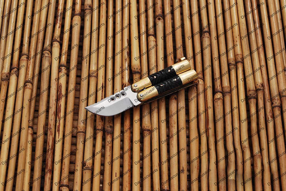 Personalized Custom Handmade D2 Tool Steel Original Filipino Balisong Butterfly Knife Brass with Carabao Horn Inserts with Leather Sheath