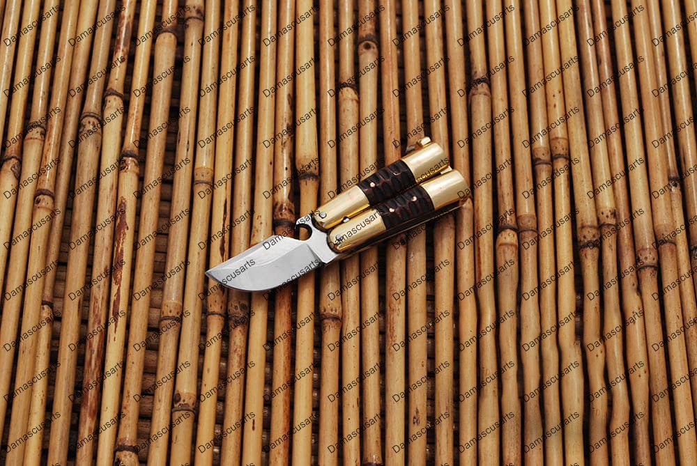Personalized Custom Handmade D2 Tool Steel Original Filipino Balisong Butterfly Knife Brass with Narra Wood Inserts with Leather Sheath