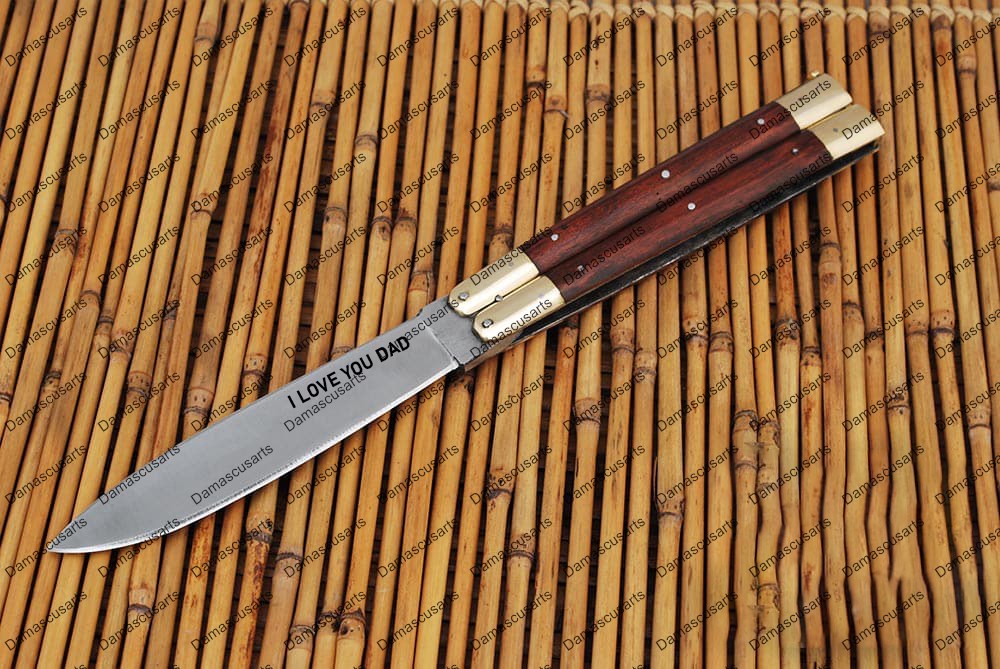 Personalized Custom Handmade D2 Tool Steel Original Filipino Balisong Butterfly Knife Brass with Narra Wood Inserts with Leather Sheath