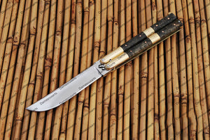 Personalized Custom Handmade D2 Tool Steel Original Filipino Balisong Butterfly Knife Brass with Narra Burl Wood with Leather Sheath