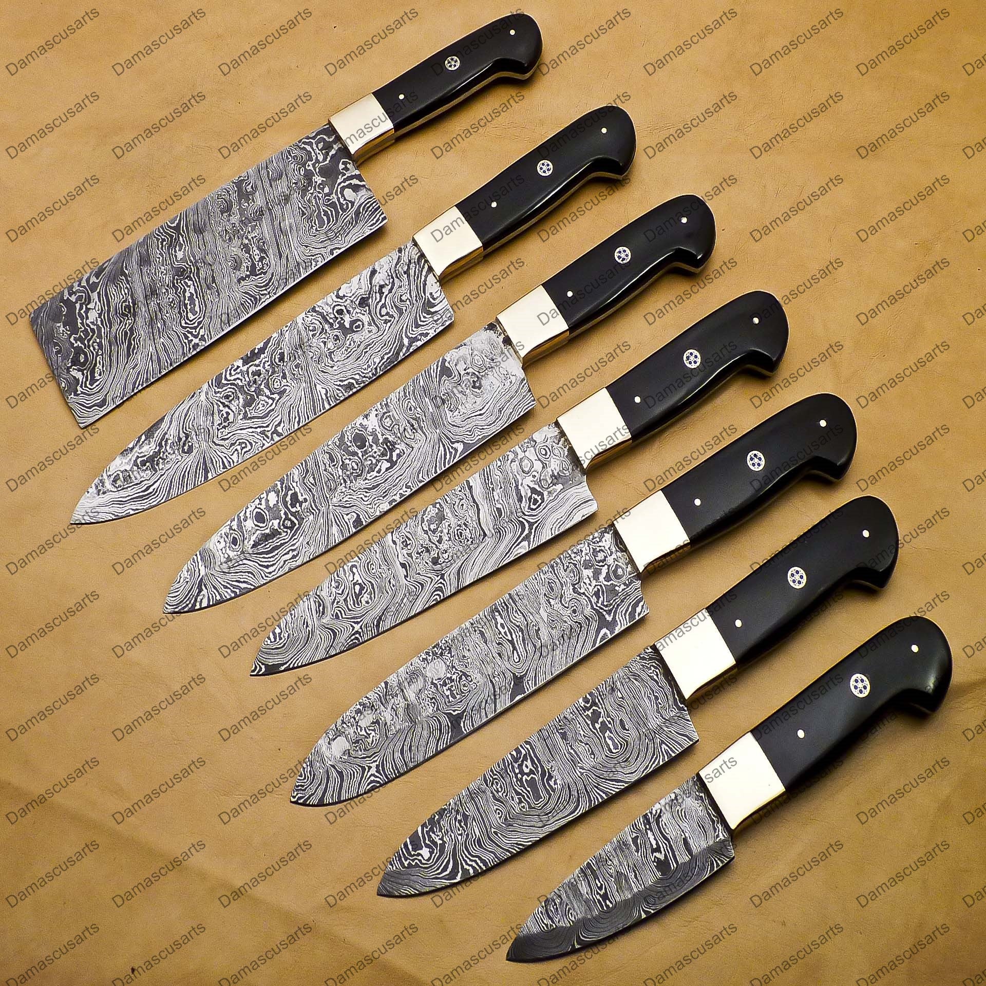 7 Pc Damascus Chef Knife Vintage Knife Forged Steel Knife Perfect Gift Handcrafted Kitchen Assortment Anniversary set with Leather Sheath