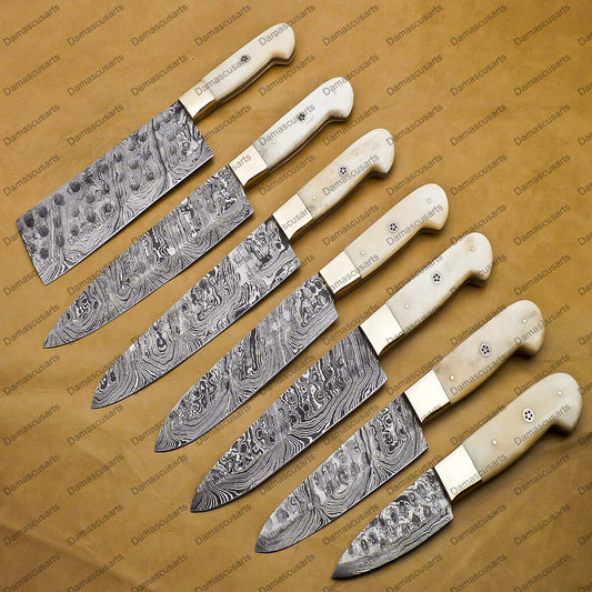 7 Pc Damascus Chef Knife Forged damascus Steel Knife Perfect Gift Handcrafted Kitchen Assortment Anniversary set with Leather Sheath