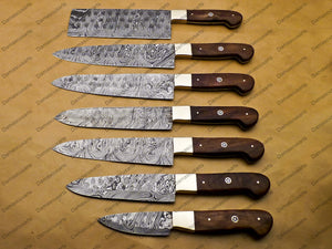 7 Pc Damascus Chef Knife Vintage Knife Forged Steel Knife Perfect Gift Handcrafted Kitchen Assortment Anniversary set with Leather Sheath