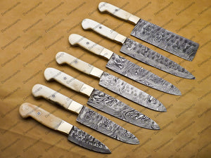 7 Pc Damascus Chef Knife Forged damascus Steel Knife Perfect Gift Handcrafted Kitchen Assortment Anniversary set with Leather Sheath