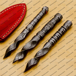 pack of 3 Dagger Hunting Knife Handmade Damascus Boot Throwing Kunai Knife Fixed Blade Hand Forged Knife Leather Sheath Gift for Him