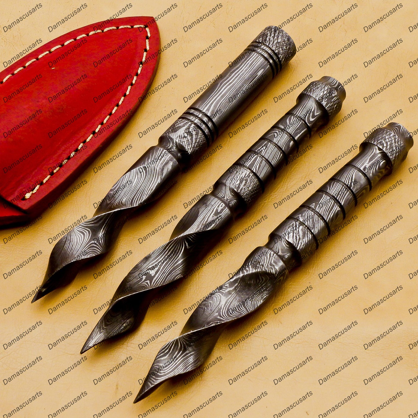 pack of 3 Dagger Hunting Knife Handmade Damascus Boot Throwing Kunai Knife Fixed Blade Hand Forged Knife Leather Sheath Gift for Him