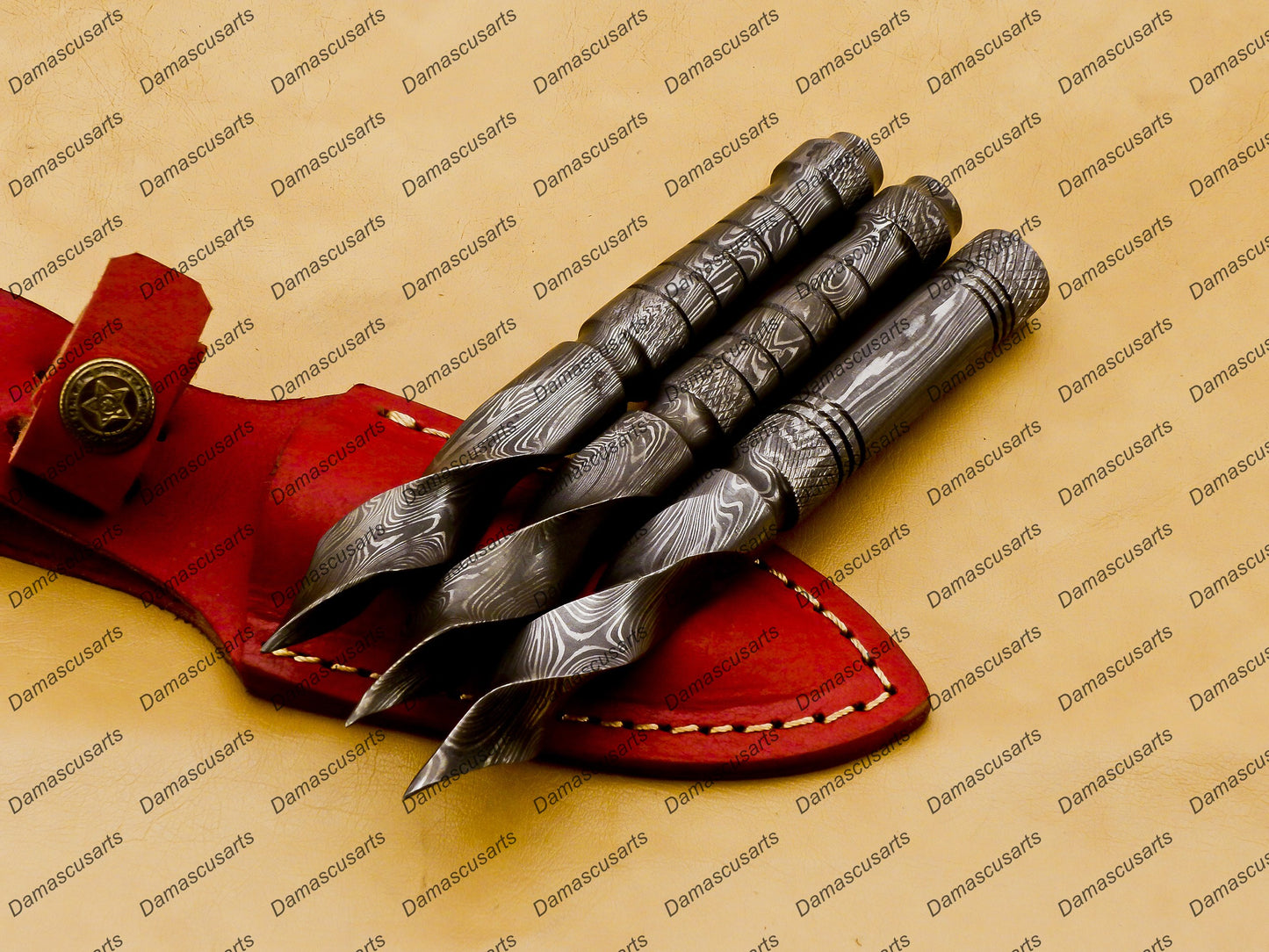 pack of 3 Dagger Hunting Knife Handmade Damascus Boot Throwing Kunai Knife Fixed Blade Hand Forged Knife Leather Sheath Gift for Him