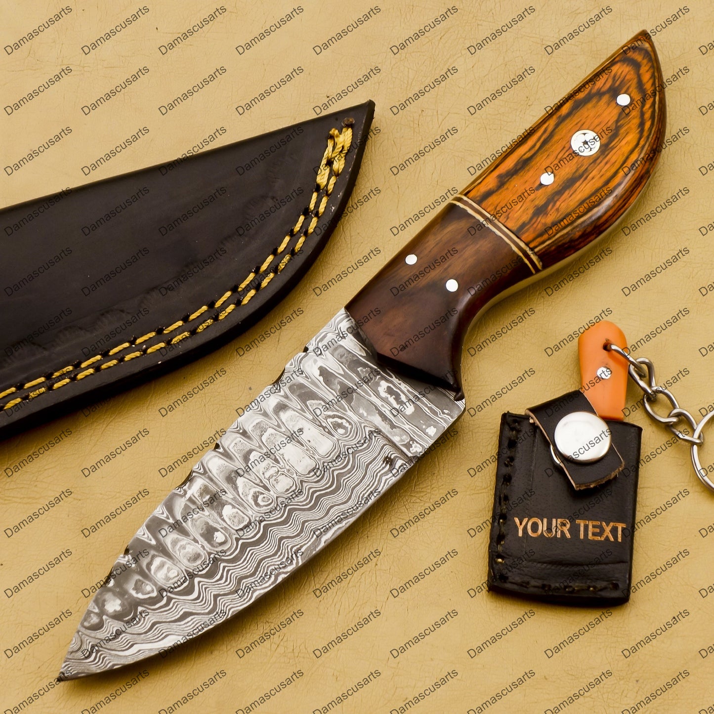 Customize Custom Hand Made Forged Hunter Knife Damascus Steel Bowie Knife Handle Tali Wood with Leather Sheath Free Key Chain Gift