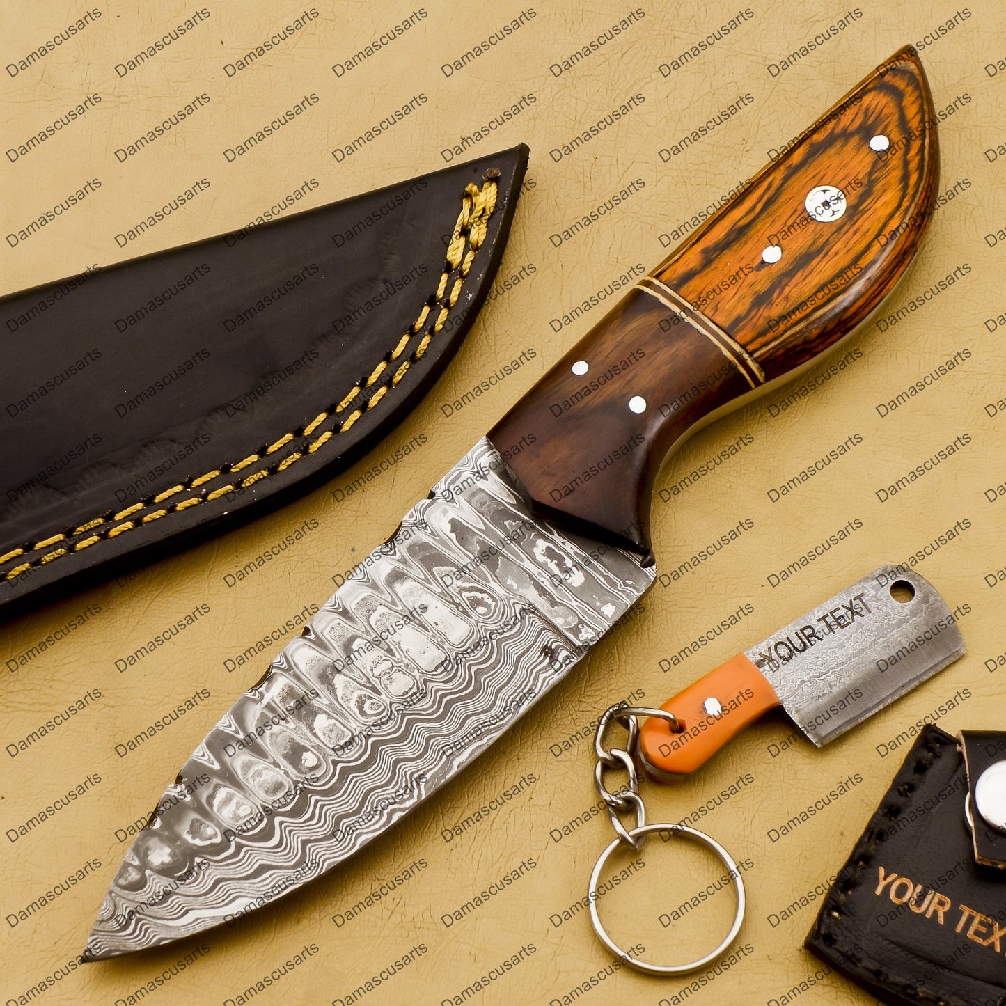 Customize Custom Hand Made Forged Hunter Knife Damascus Steel Bowie Knife Handle Tali Wood with Leather Sheath Free Key Chain Gift