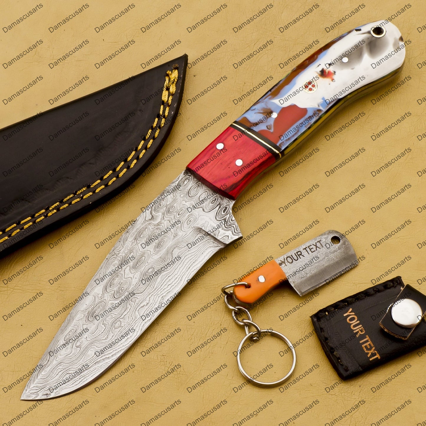 Customize Custom Hand Made Forged Hunter Knife Damascus Steel Bowie Knife Handle Tali Wood with Leather Sheath Free Key Chain Gift