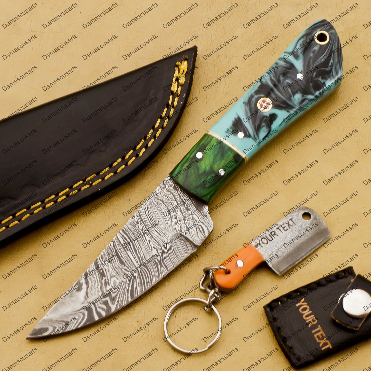 Customize Custom Hand Made Forged Hunter Knife Damascus Steel Bowie Knife Handle Tali Wood with Leather Sheath Free Key Chain Gift