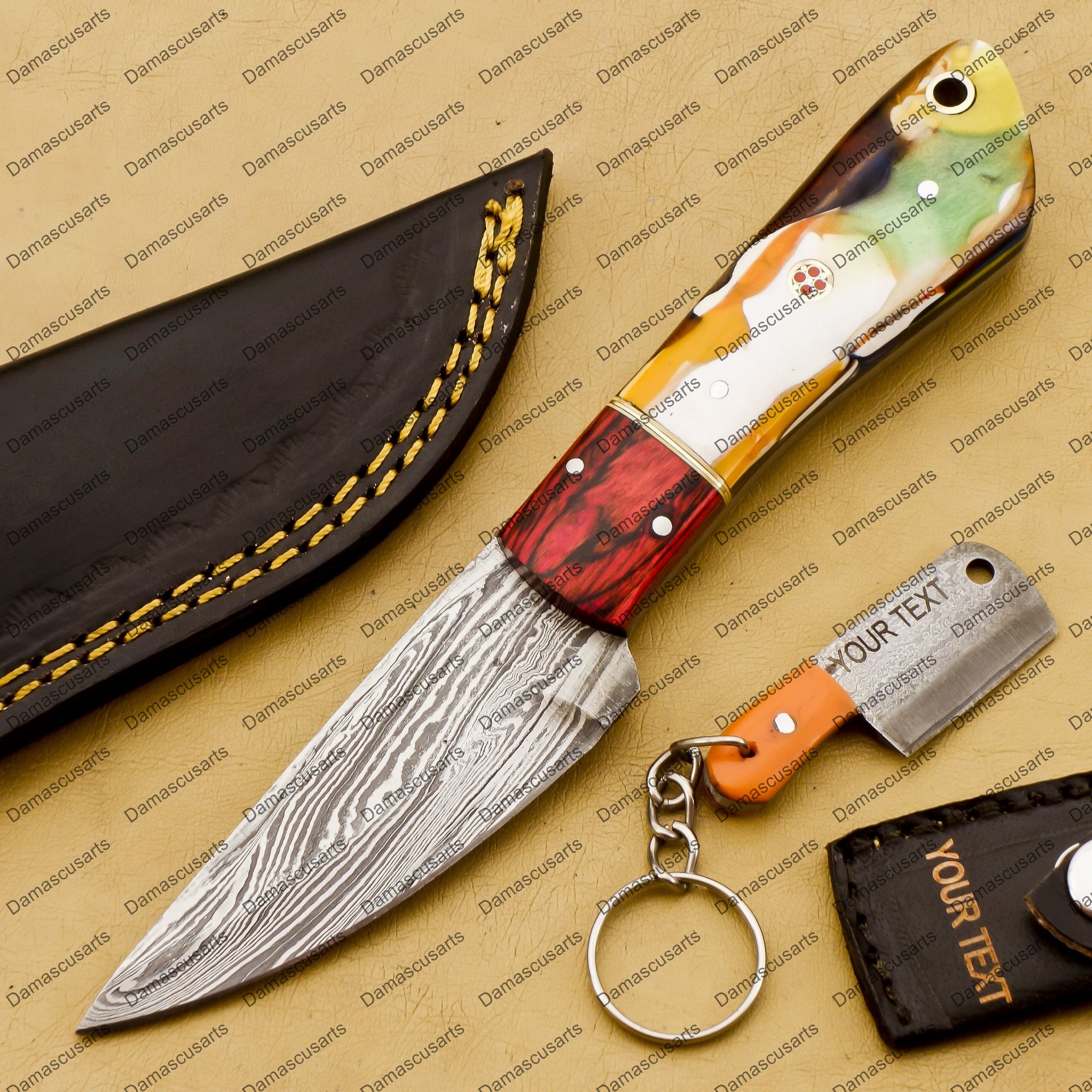 Customize Custom Hand Made Forged Hunter Knife Damascus Steel Bowie Knife Handle Dia Bone with Leather Sheath Free Key Chain Gift