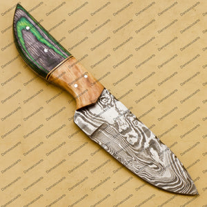 Customize Custom Hand Made Forged Hunter Knife Damascus Steel Bowie Knife Handle Tali Wood with Leather Sheath Free Key Chain Gift