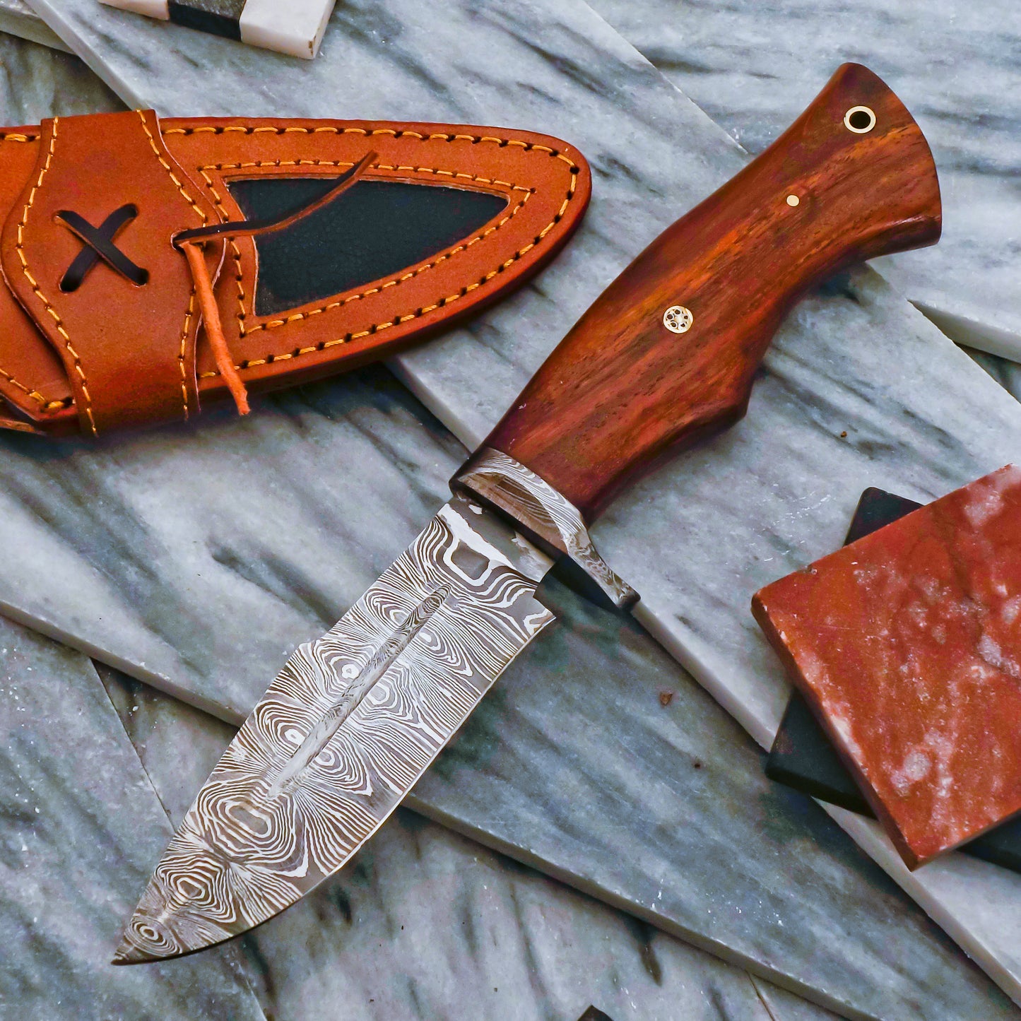 Custom Handmade Damascus Steel Bowie Hunting Knife Rose Wood Handle W/ Sheath