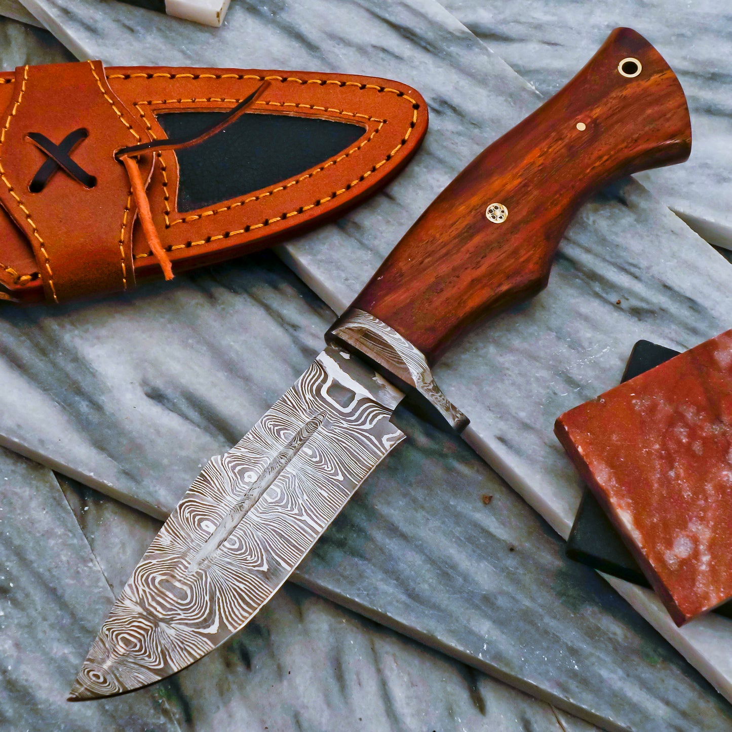 Custom Handmade Damascus Steel Bowie Hunting Knife Rose Wood Handle W/ Sheath