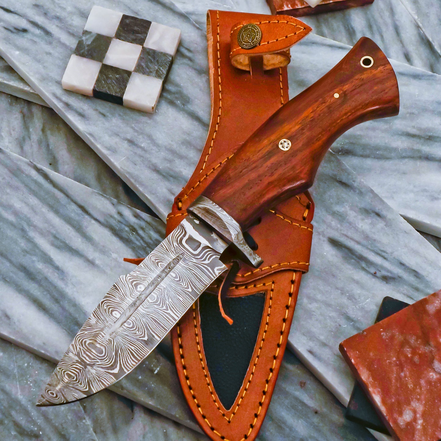 Custom Handmade Damascus Steel Bowie Hunting Knife Rose Wood Handle W/ Sheath