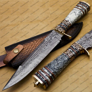 personalized Python High End Handmade Damascus Steel Mosaic Bowie Knife Hunting Knife 7 inches Blade with Marble handle leather sheath