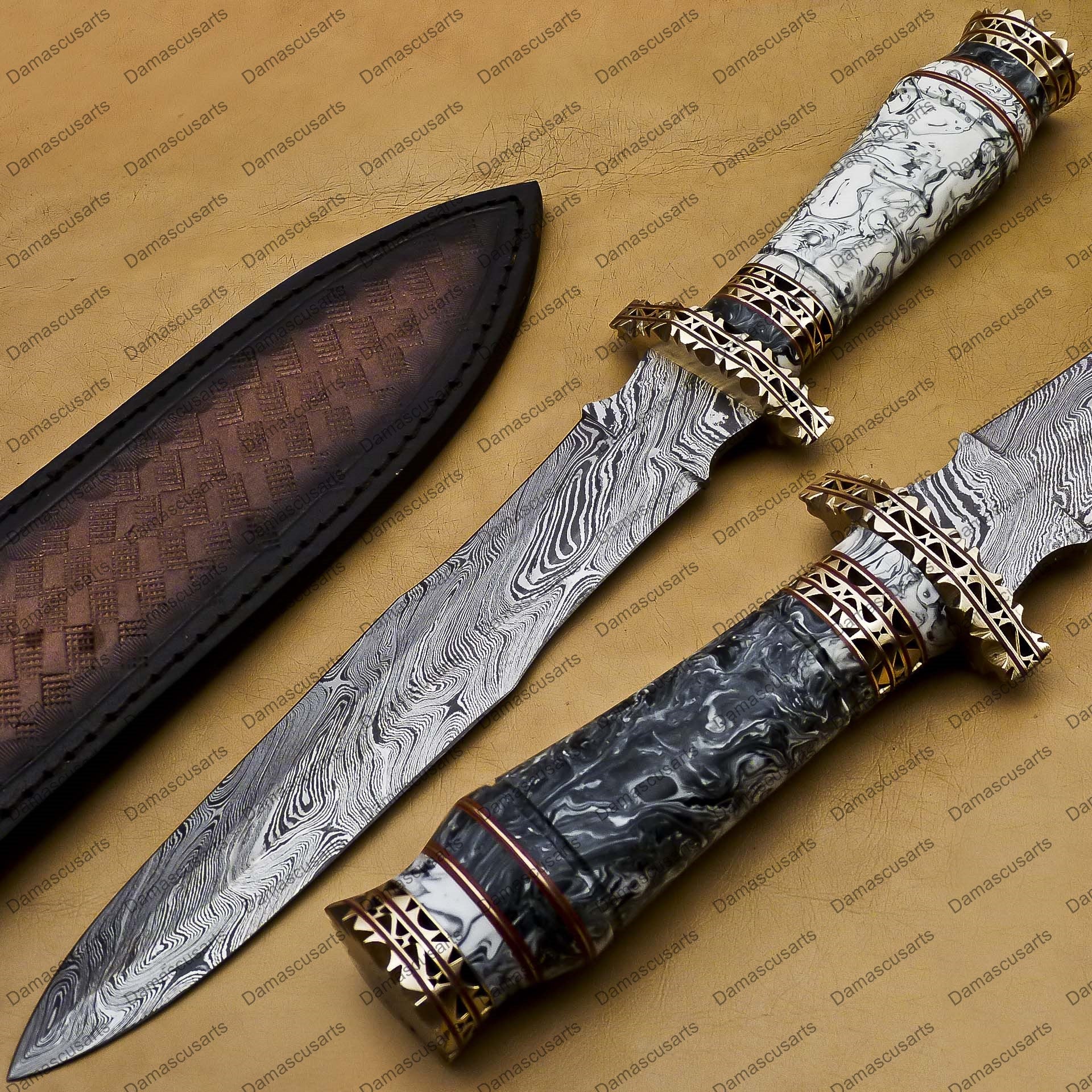 14" personalized Python High End Handmade Damascus Steel Mosaic Bowie Knife Hunting Knife 9 inches Blade with handle leather sheath