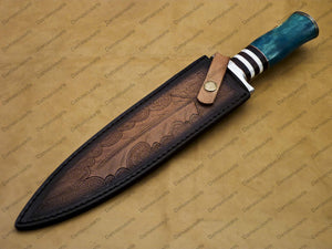 15" personalized Python High End Handmade Damascus Steel Mosaic Bowie Knife Hunting Knife 10 inches Blade with handle leather sheath