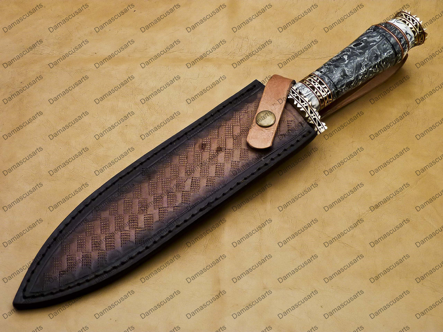 14" personalized Python High End Handmade Damascus Steel Mosaic Bowie Knife Hunting Knife 9 inches Blade with handle leather sheath