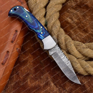 Sleek Edge Damascus Folding Knife Blue