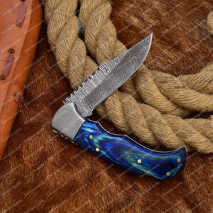 Sleek Edge Damascus Folding Knife Blue