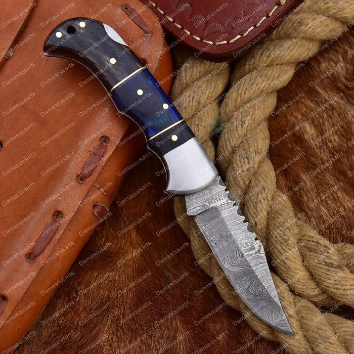 Hand Forged Damascus Spacer Folding Knife Blue