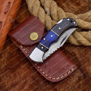 Hand Forged Damascus Spacer Folding Knife Blue