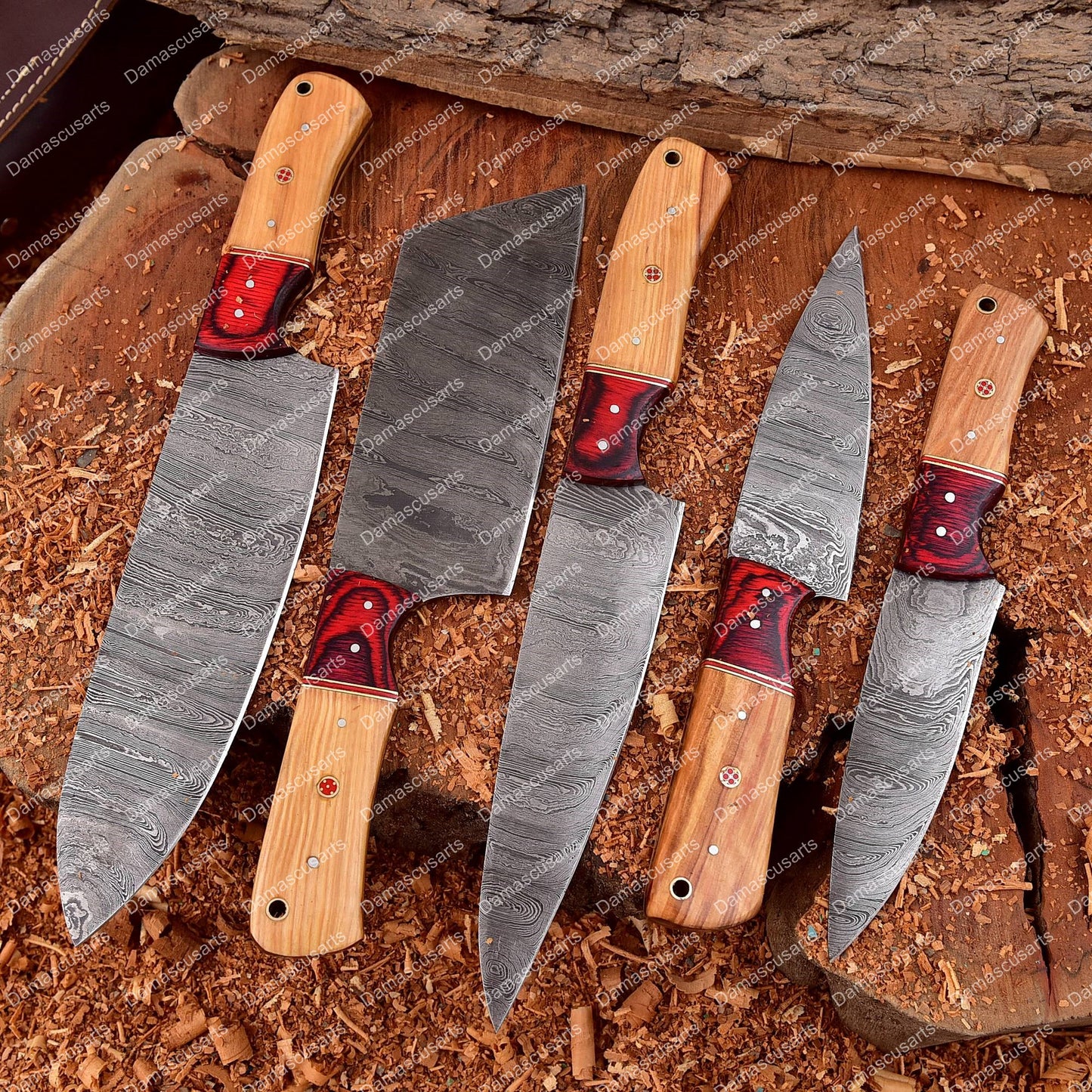 Handmade Damascus Steel Chef Knife Set With Rolling Bag Rosewood Red