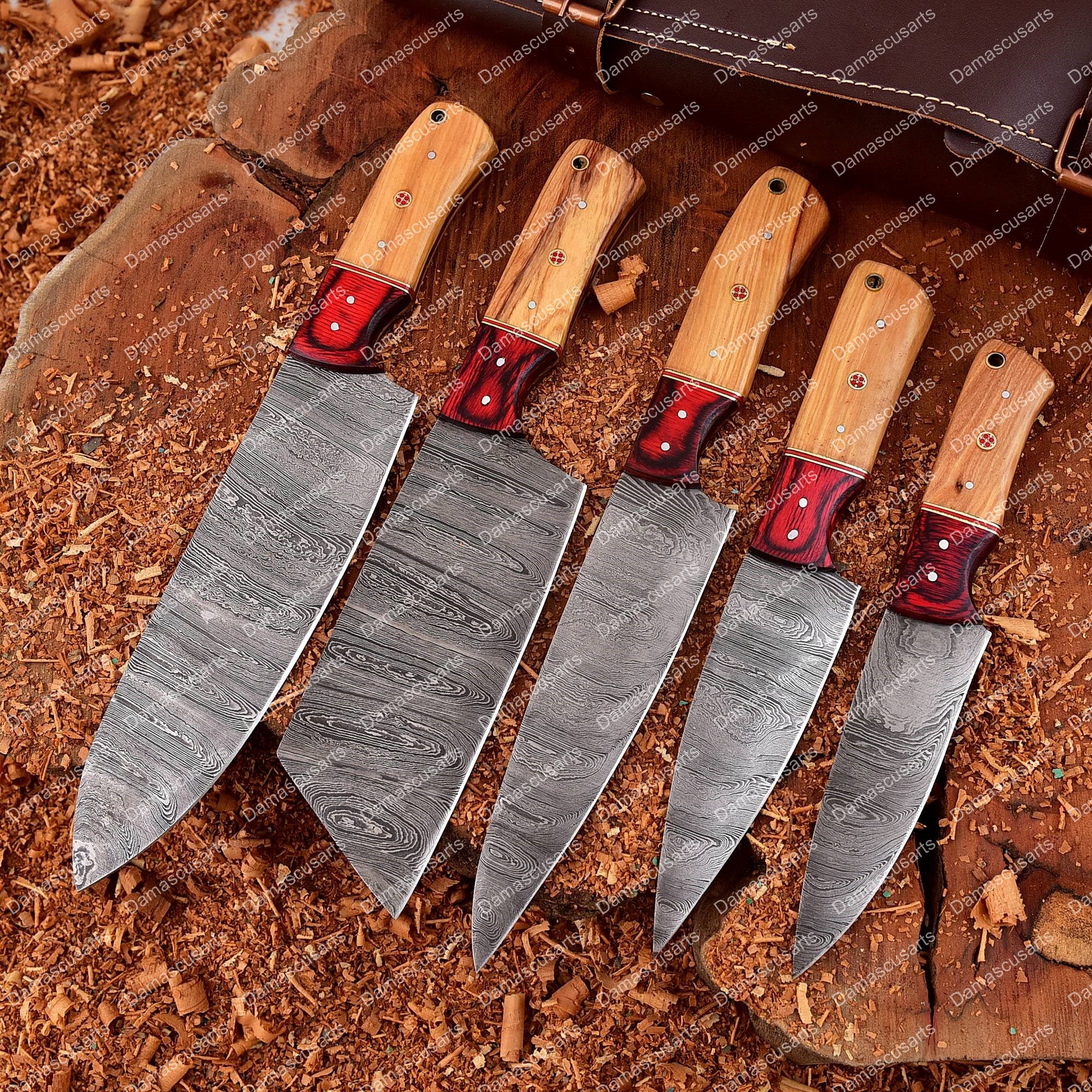 Handmade Damascus Steel Chef Knife Set With Rolling Bag Rosewood Red