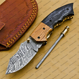personalized hand made Hephaestus 7.5 Long Damascus Pocket Knives Titanium Handle with paddock wood and A grade green ruby , Diamond