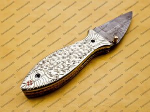 customize Custom Hand Made Damascus Steel Folding knife Fish shape knife Pocket Knife Handle Makarta Sheet Best Gift with Leather Sheeth
