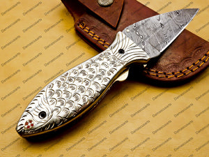 customize Custom Hand Made Damascus Steel Folding knife Fish shape knife Pocket Knife Handle Makarta Sheet Best Gift with Leather Sheeth