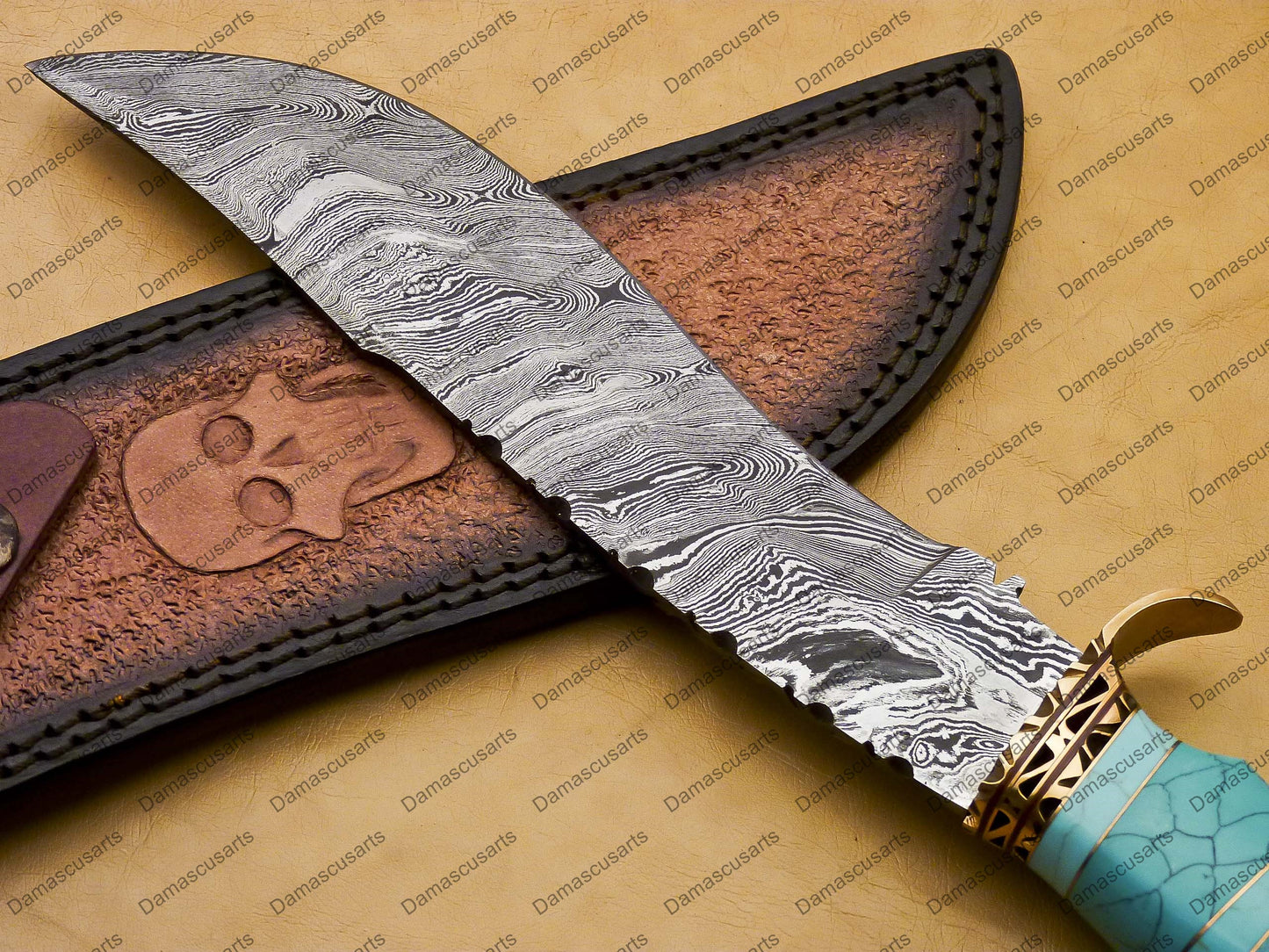 personalized Python High End Handmade Damascus Steel Mosaic Bowie Knife Hunting Knife 7 inches Blade with Marble handle leather sheath